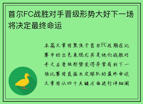 首尔FC战胜对手晋级形势大好下一场将决定最终命运