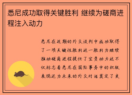 悉尼成功取得关键胜利 继续为磋商进程注入动力
