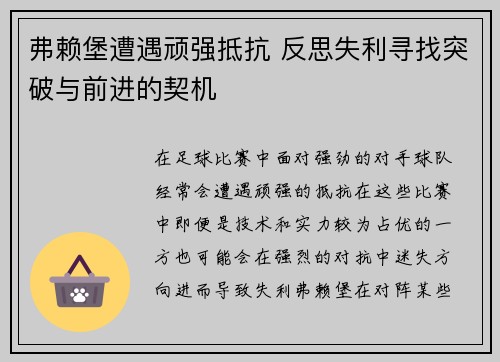 弗赖堡遭遇顽强抵抗 反思失利寻找突破与前进的契机