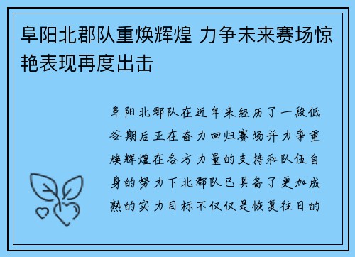 阜阳北郡队重焕辉煌 力争未来赛场惊艳表现再度出击