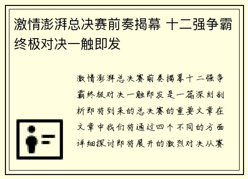 激情澎湃总决赛前奏揭幕 十二强争霸终极对决一触即发